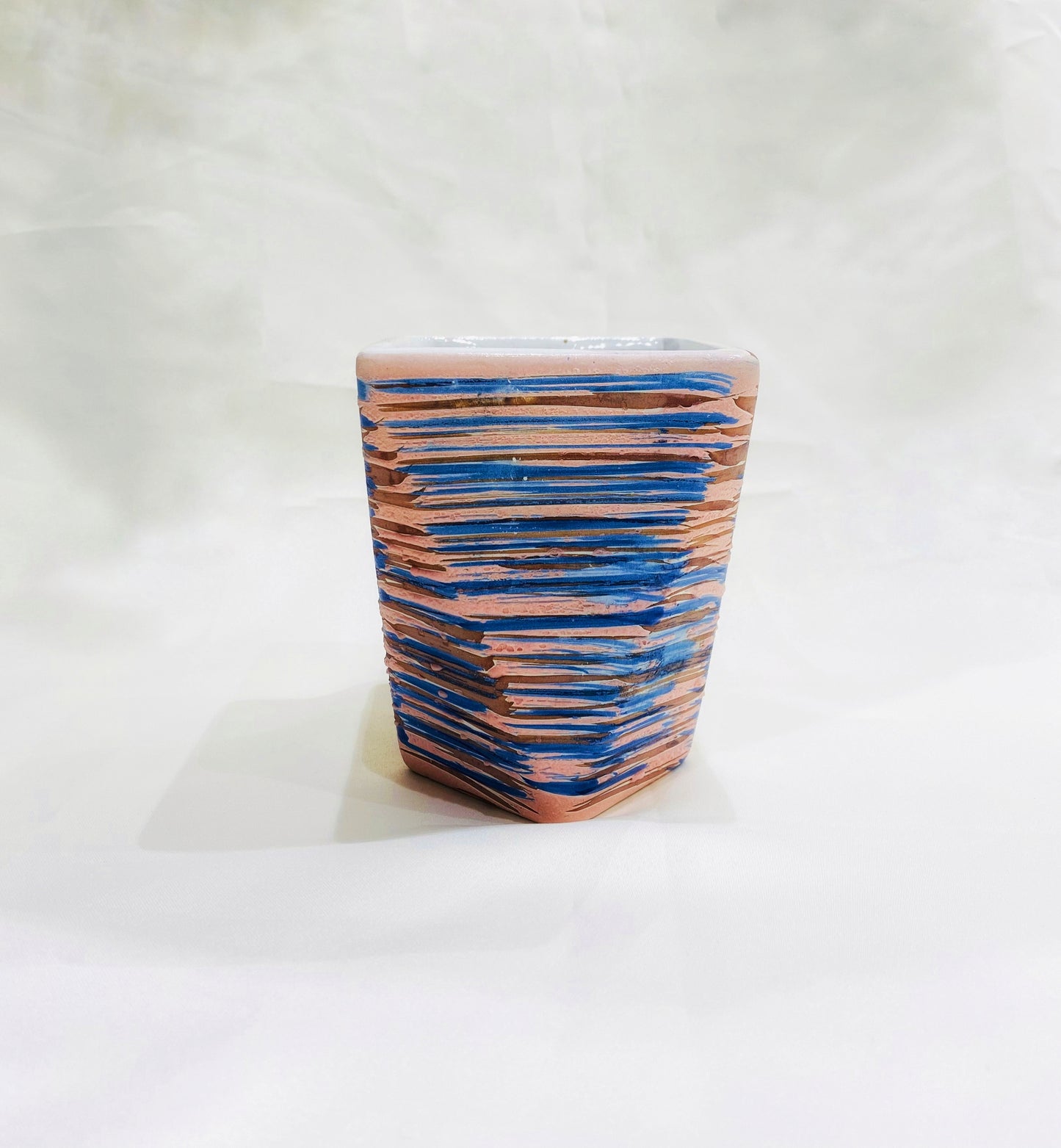 Handcrafted Blue and Brown Textured Square Decorative Vase