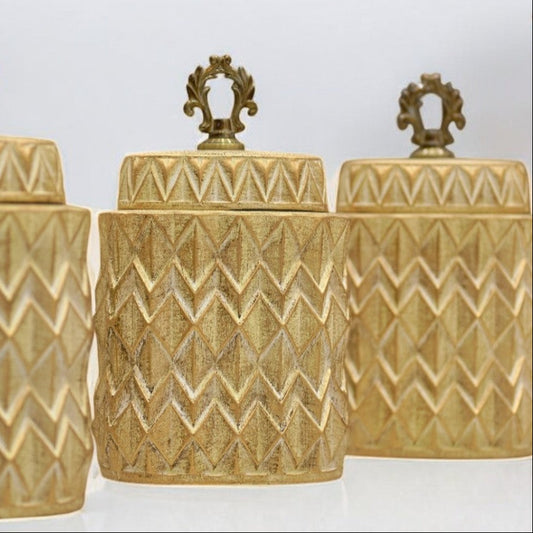 Decorative Ceramic Jar with Gold Diamond Pattern Finish – Stylish Storage & Décor