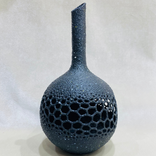 Black Ceramic Vase with Honeycomb Cutout Design | Modern Home Décor