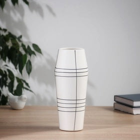 Minimalist White Ceramic Vase with Geometric Black Line Design